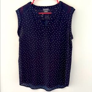 Van Heusen Navy Blue Mandarin Collar V-Neck Blouse with Heart Dots Size M/L